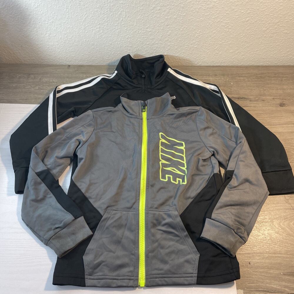 Lot of 2 Boys Nike Adidas Track Jackets Size 4 Black Gray Neon Full Zip Coat